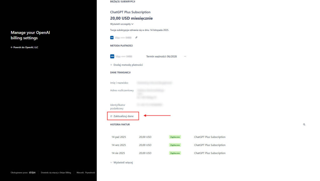 Panel rozliczeń OpenAI/Stripe dla ChatGPT Plus; w sekcji „Dane transakcji” widoczny link/przycisk „Zaktualizuj dane”, poniżej lista opłaconych faktur. To widok do zmiany danych firmowych na fakturze.