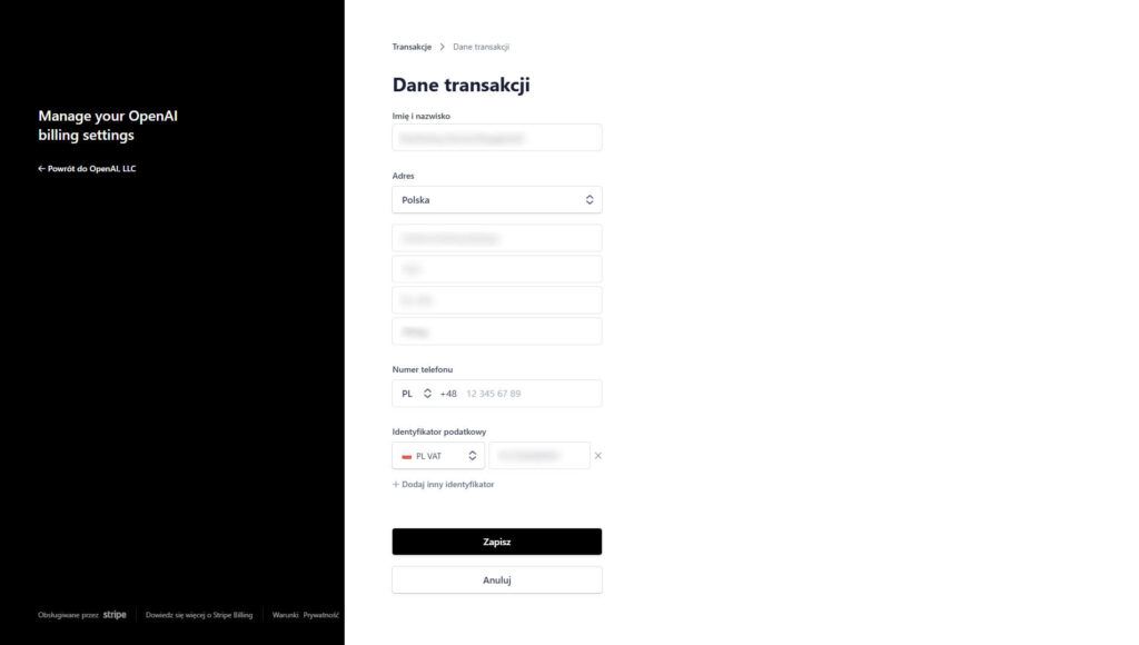 Formularz „Dane transakcji” w OpenAI/Stripe z polami adresowymi, numerem telefonu i identyfikatorem PL VAT oraz przyciskiem Zapisz do zapisania zmian na fakturze ChatGPT Plus.