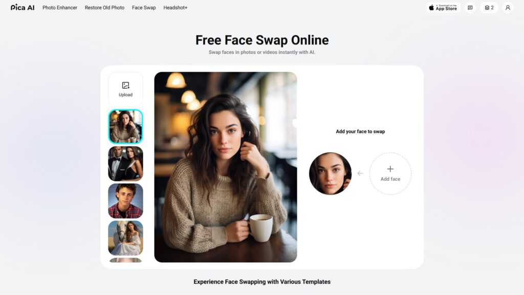 Interfejs Pica AI z funkcją zamiany twarzy online – użytkowniczka z kubkiem na zdjęciu