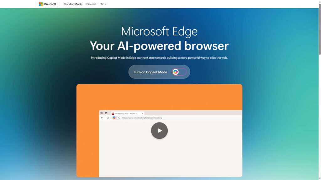 Strona startowa Microsoft Edge Copilot Mode z przyciskiem aktywacji trybu AI