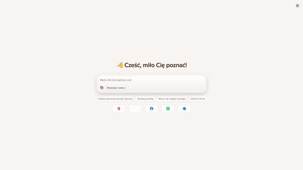 Ekran powitalny trybu Copilot w Edge z polem czatu i opcjami AI