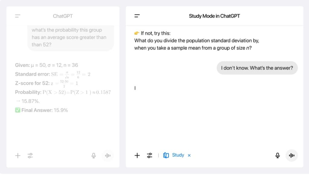Interaktywna odpowiedź ChatGPT w Trybie nauki (Study Mode), analizująca efektywność algorytmów w kontekście ograniczeń smartfona.