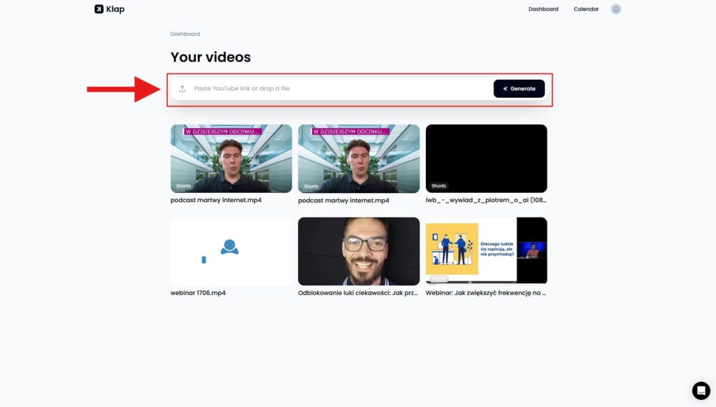 Panel użytkownika Klap z widocznym polem do wklejenia linku YouTube i listą przesłanych wideo