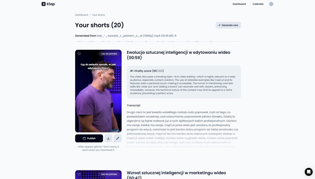 Wygenerowany short w Klap z oceną viralności i transkrypcją wypowiedzi o edytowaniu wideo przez AI