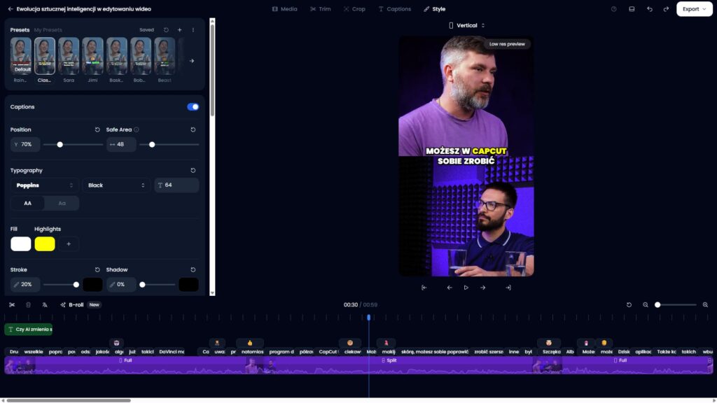 Ekran edycji stylu napisów w Klap z widocznym podglądem Shorts i ustawieniami typografii