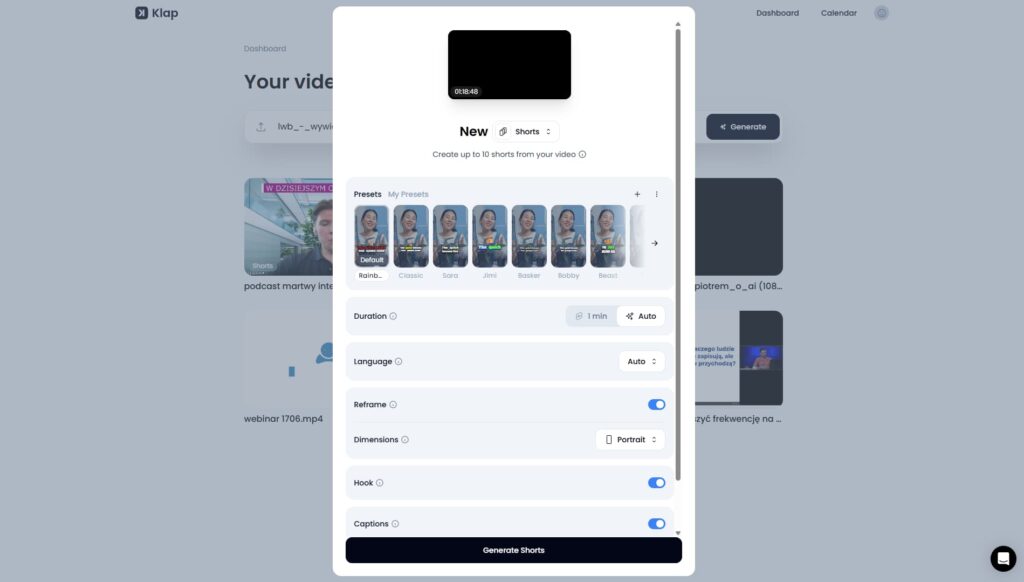 Ustawienia generowania Shortsów w Klap: wybór presetów, języka, długości i hooka