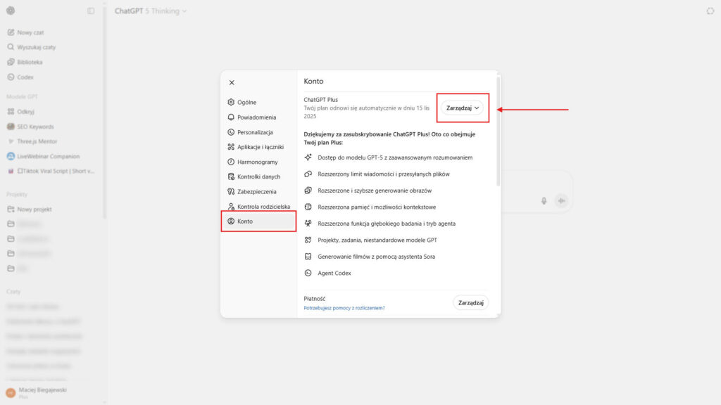 Okno Ustawień ChatGPT z zaznaczoną sekcją „Konto” i podświetlonym przyciskiem „Zarządzaj” obok planu Plus — miejsce rozpoczęcia anulowania subskrypcji.