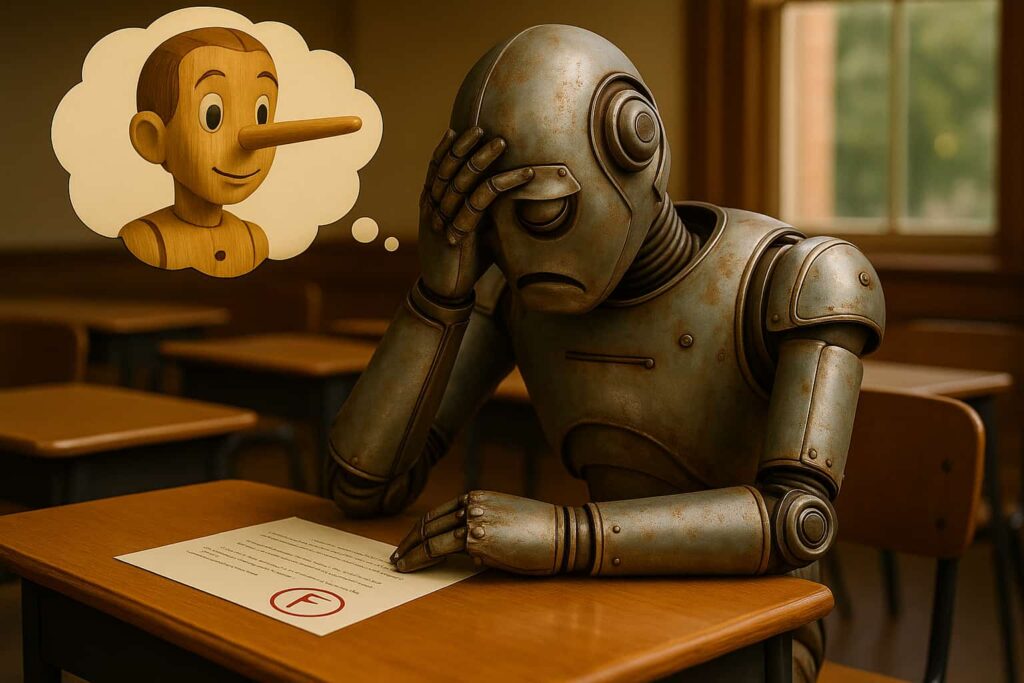 Czym są halucynacje AI? Zawstydzony robot w szkole, patrzący na niezaliczony test, z myślą o drewnianej lalce z długim nosem – symbol halucynacji AI