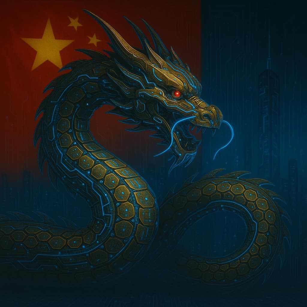 Kiedy Chiny osiągną samowystarczalność w dziedzinie sztucznej inteligencji? Cybernetyczny smok symbolizujący technologiczne ambicje Chin w dziedzinie sztucznej inteligencji, na tle flagi Chińskiej Republiki Ludowej.