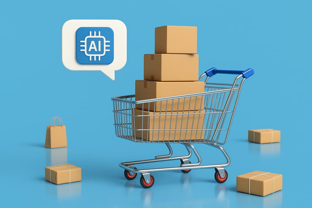 Wózek zakupowy z paczkami i ikoną AI, symbolizujący handel konwersacyjny wspierany przez sztuczną inteligencję.