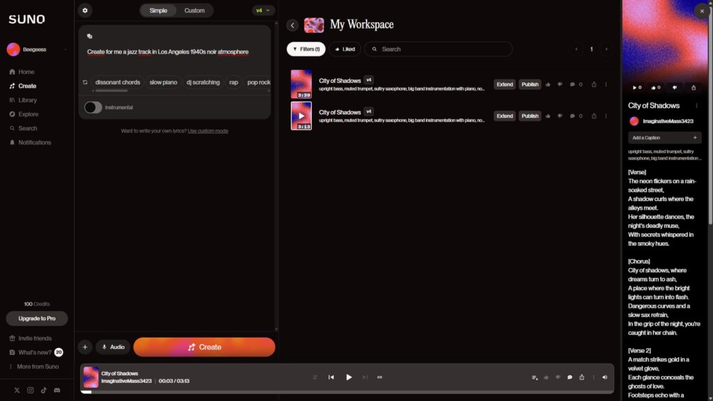 Zrzut ekranu interfejsu Suno AI – kreatora muzyki opartego na sztucznej inteligencji, pokazujący panel tworzenia utworu jazzowego w klimacie noir z 1940 roku, z widocznymi tagami stylów i tekstem piosenki ‘City of Shadows’.