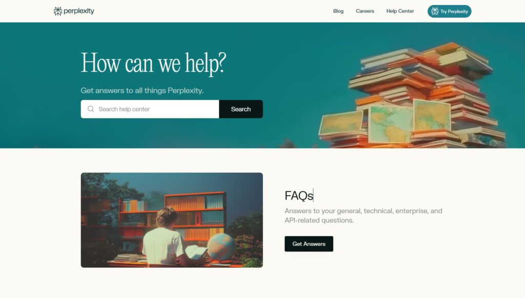 Strona pomocy Perplexity AI z wyszukiwarką i sekcją FAQ.