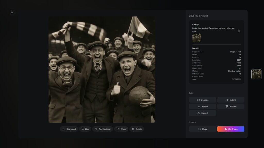 Wygenerowana przez PixVerse AI animacja ze zdjęcia przedstawiająca kibiców piłkarskich świętujących gola w stylu retro