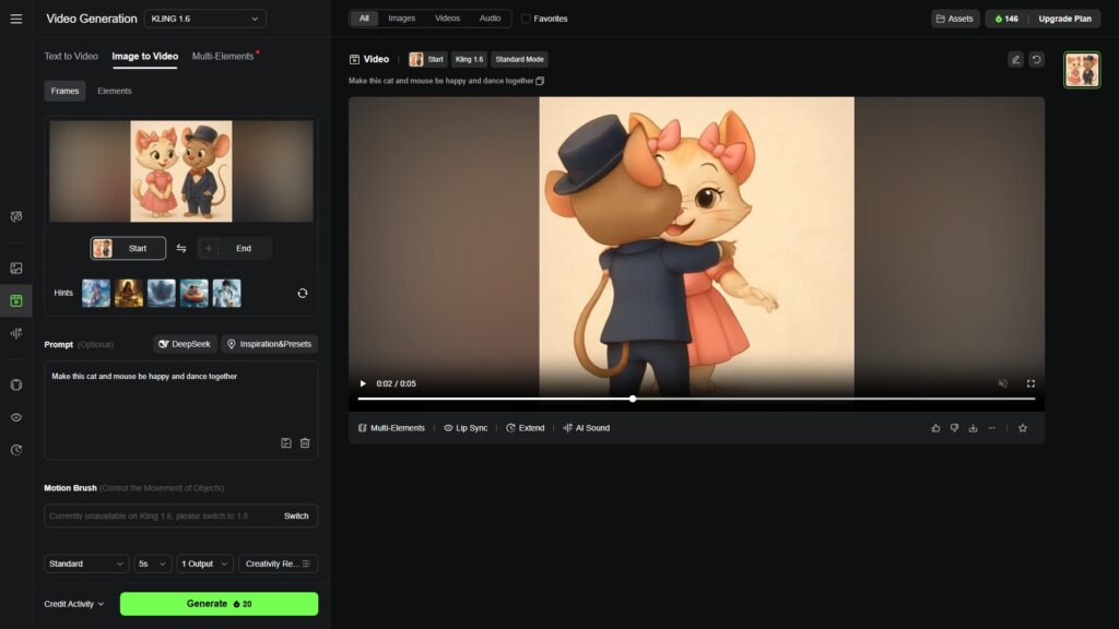 Interfejs Kling AI z animacją kota i myszy tańczących razem, wygenerowaną z obrazu i promptu tekstowego