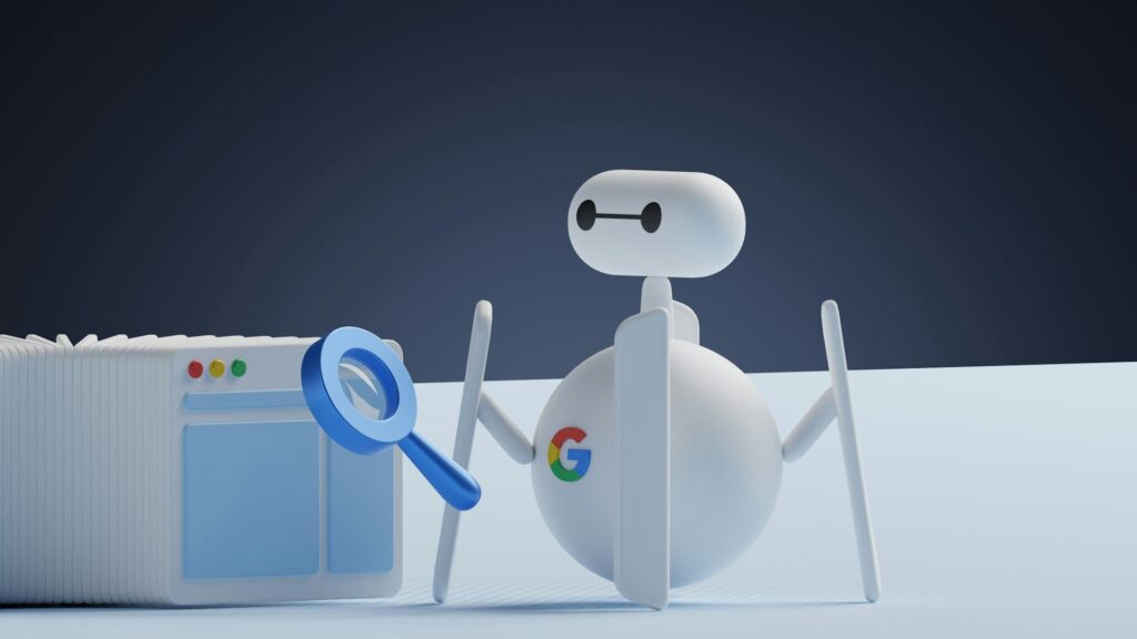 Ilustracja robota z logo Google analizującego zawartość stron internetowych – symboliczne przedstawienie algorytmu oceniającego treści SEO.