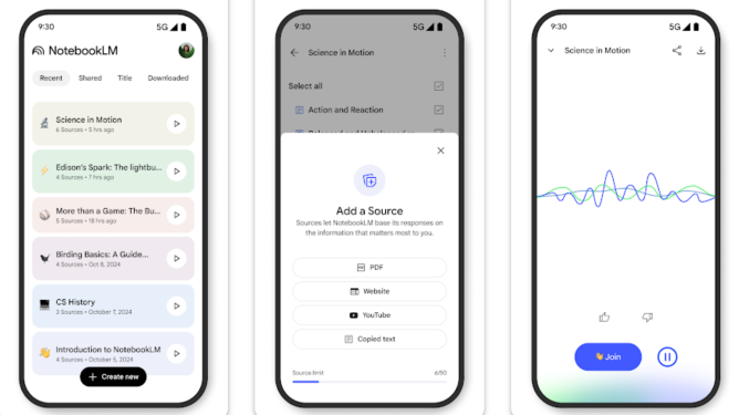 Zrzuty ekranu aplikacji NotebookLM na Androida i iOS pokazujące główny ekran, dodawanie nowych źródeł informacji oraz podcast generowany przez AI