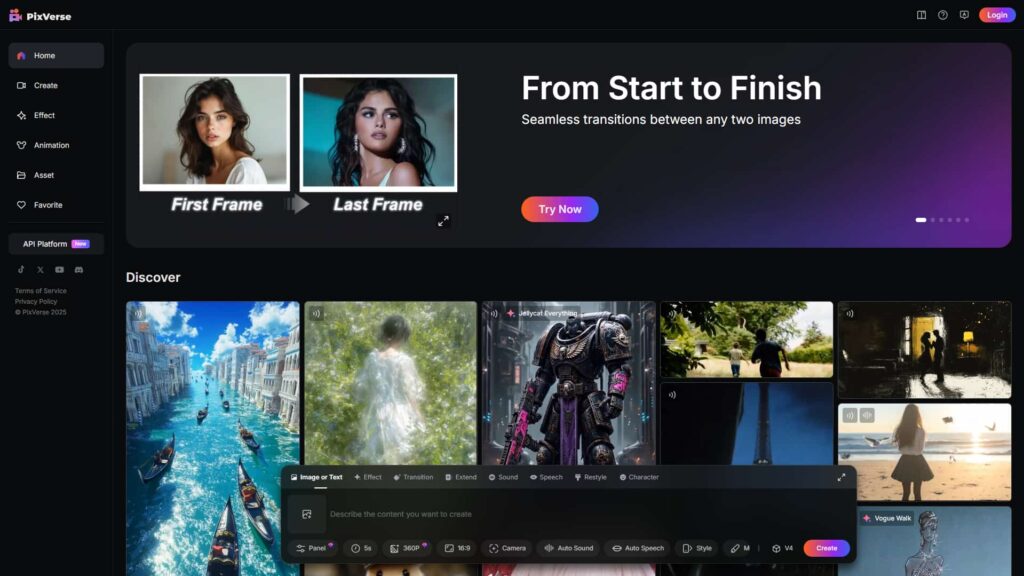 Interfejs PixVerse z funkcją tworzenia animacji między dwoma zdjęciami