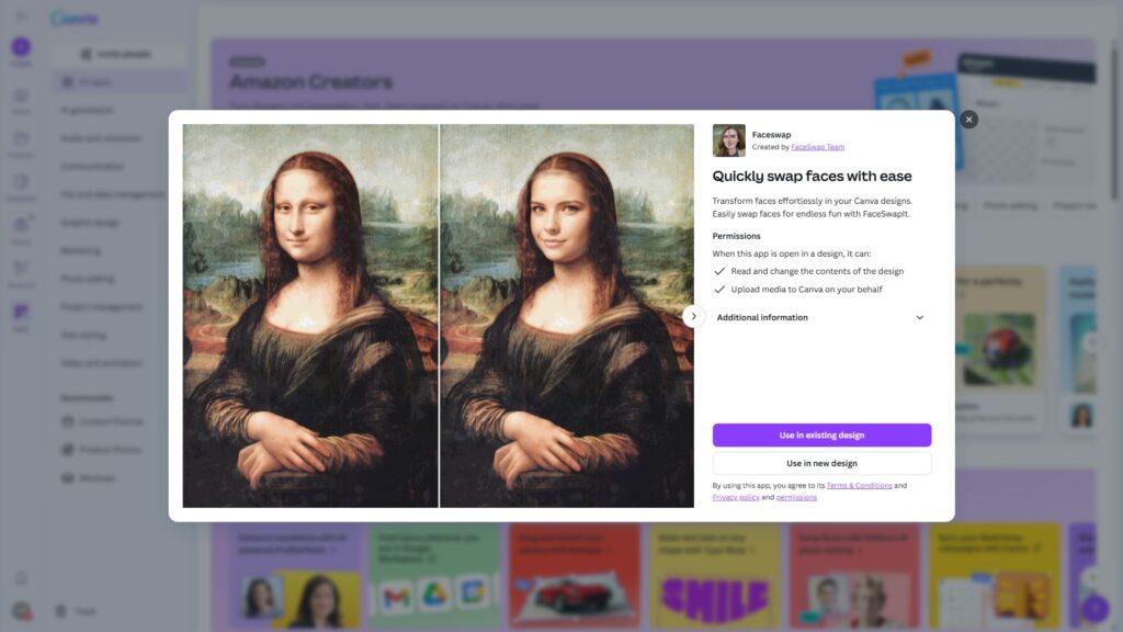 Zamiana twarzy w obrazie Mona Lisy za pomocą aplikacji FaceSwap w Canvie