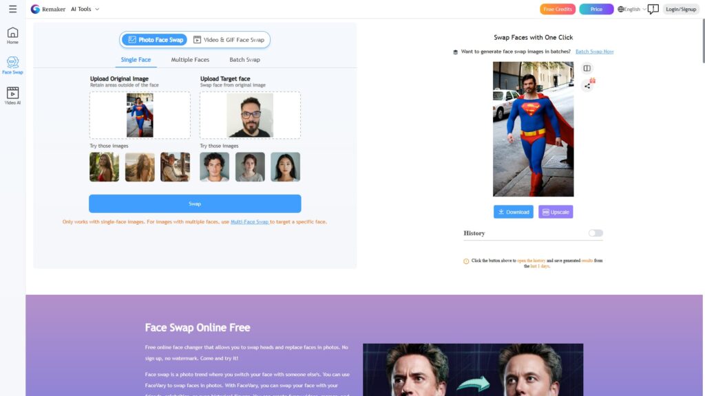 Zrzut ekranu z aplikacji Remaker pokazujący funkcję zamiany twarzy na zdjęciu za pomocą AI