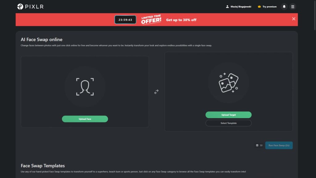 Interfejs narzędzia Pixlr AI Face Swap do zamiany twarzy online