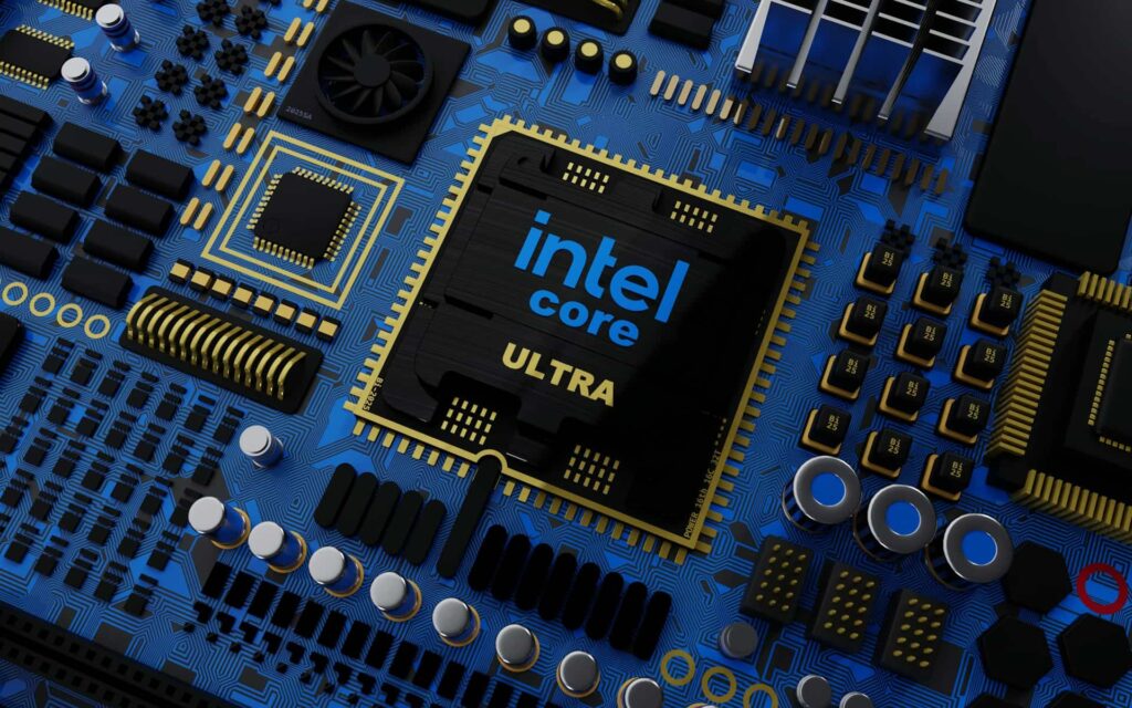Zbliżenie na procesor Intel Core Ultra na niebieskiej płycie głównej