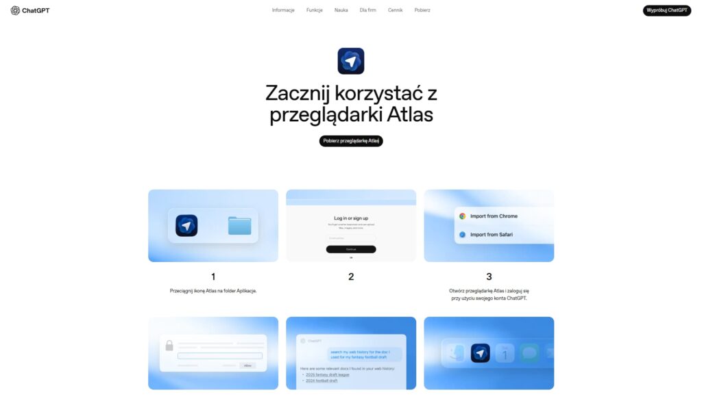 Zrzut ekranu z oficjalnej strony przeglądarki Atlas od OpenAI z instrukcją instalacji i logowania.