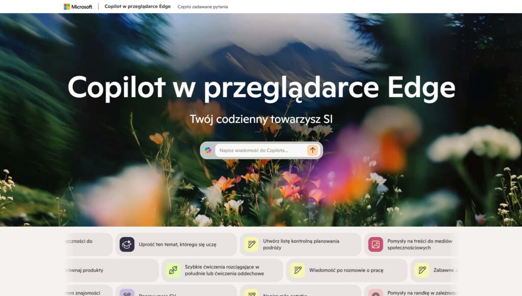 Edge Copilot kontra Atlas: czy nadchodzi era przeglądarek z AI? Zrzut ekranu strony Microsoft Edge z nowym trybem Copilot i hasłem „Twój codzienny towarzysz SI”