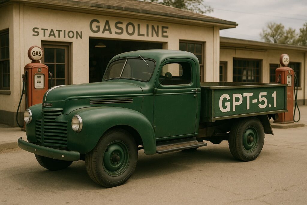 OpenAI ogłosił wprowadzenie GPT-5.1 Zielona ciężarówka w stylu retro z napisem GPT-5.1, stojąca przed starą stacją benzynową — metafora wydajności i mocy nowego modelu AI od OpenAI